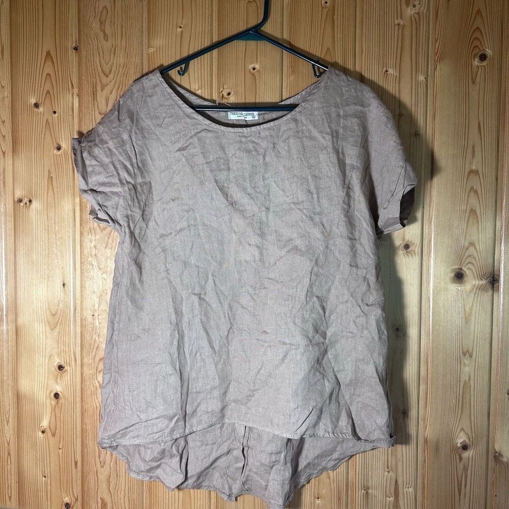 Terzo Millennio Size S Italian Linen High-Low Button Back Tunic Top Cammello